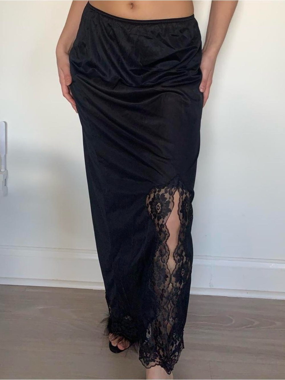 Black Lace-Trim Maxi Slip Skirt
